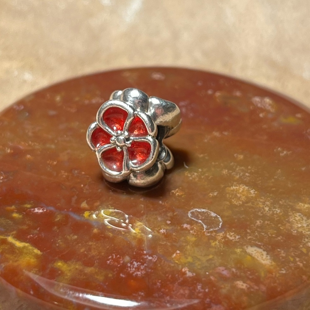 Pandora Red Poppy Sterling Silver Flower Bead Charm RARE - Picture 3 of 12